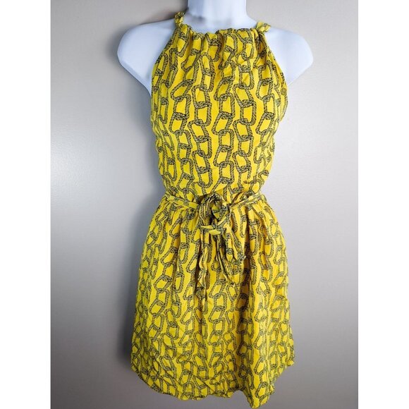 Leona Lauren Leonard Chain link Yellow Belted Mini Dress 4 - Picture 1 of 7
